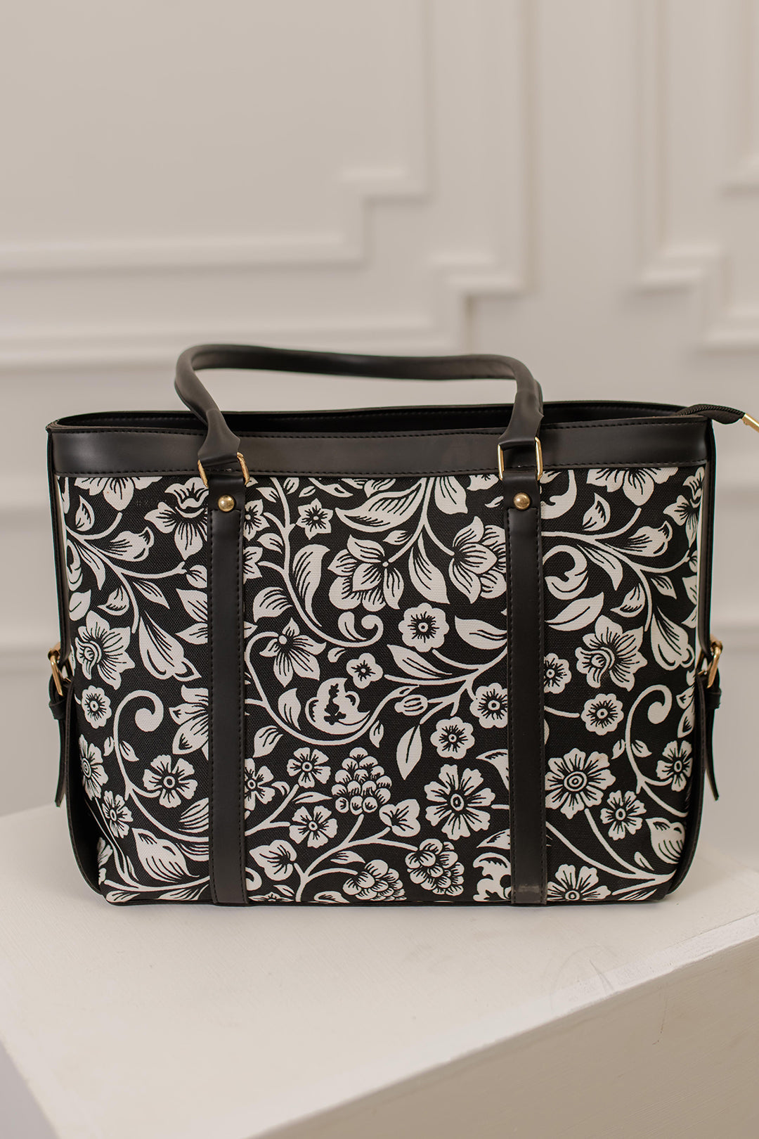 Culture Strap Canvas Tote Bag Black Floral