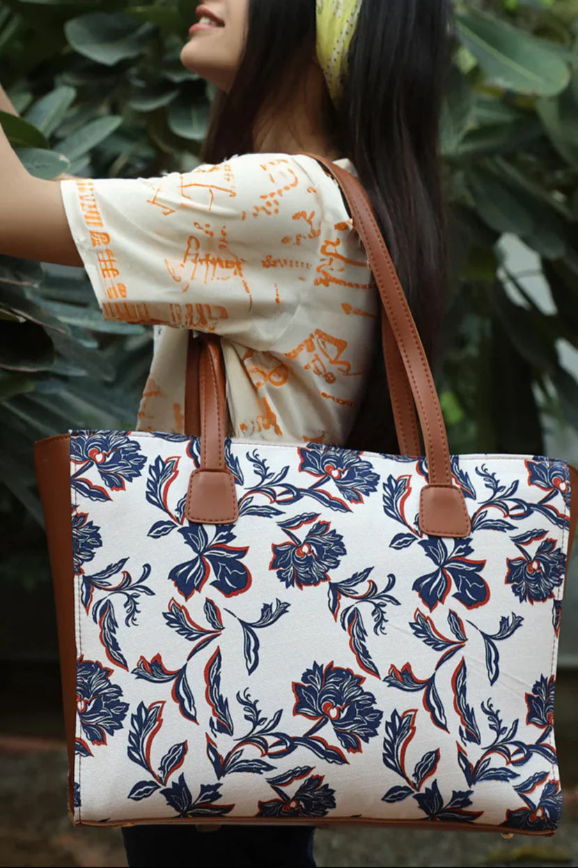 Culture Side Rexine Canvas Tote Blue Floral