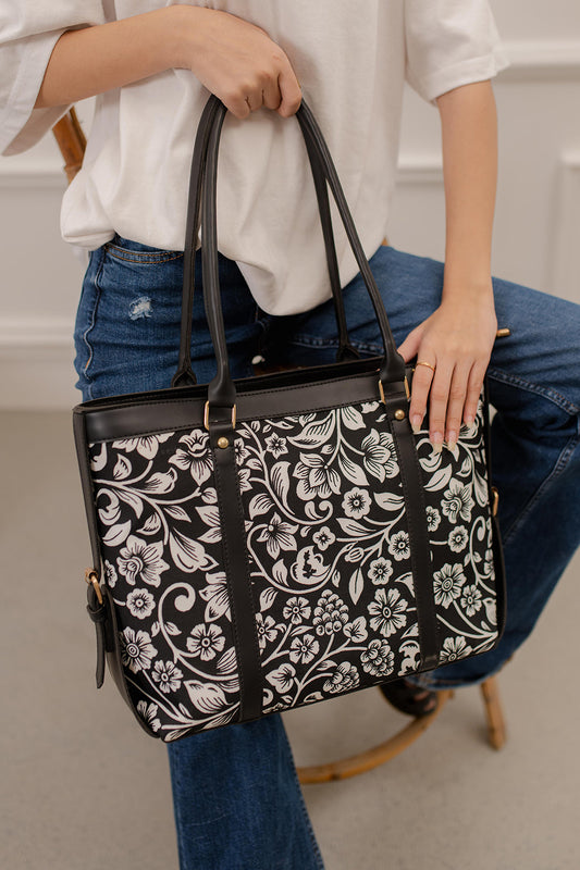 Culture Strap Canvas Tote Bag Black Floral
