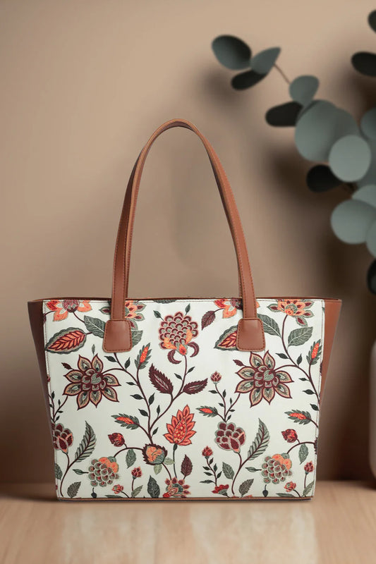 Culture Side Rexine Canvas Tote Beige Floral