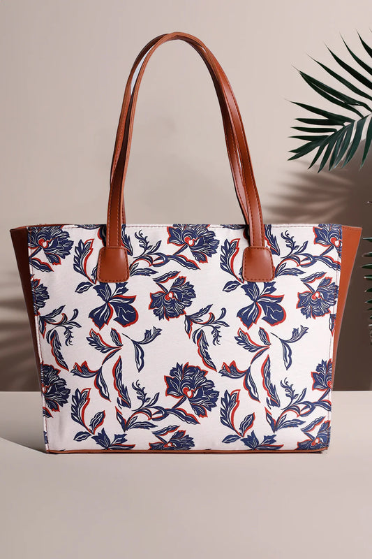 Culture Side Rexine Canvas Tote Blue Floral