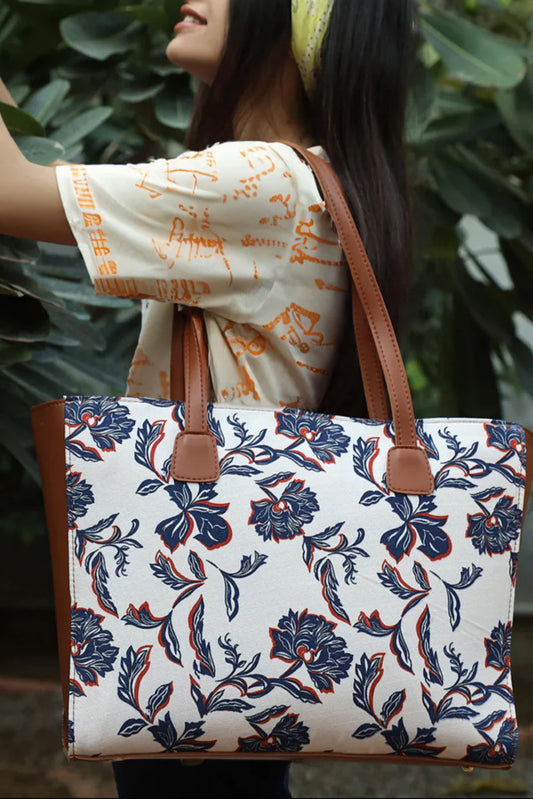 Culture Side Rexine Canvas Tote Blue Floral